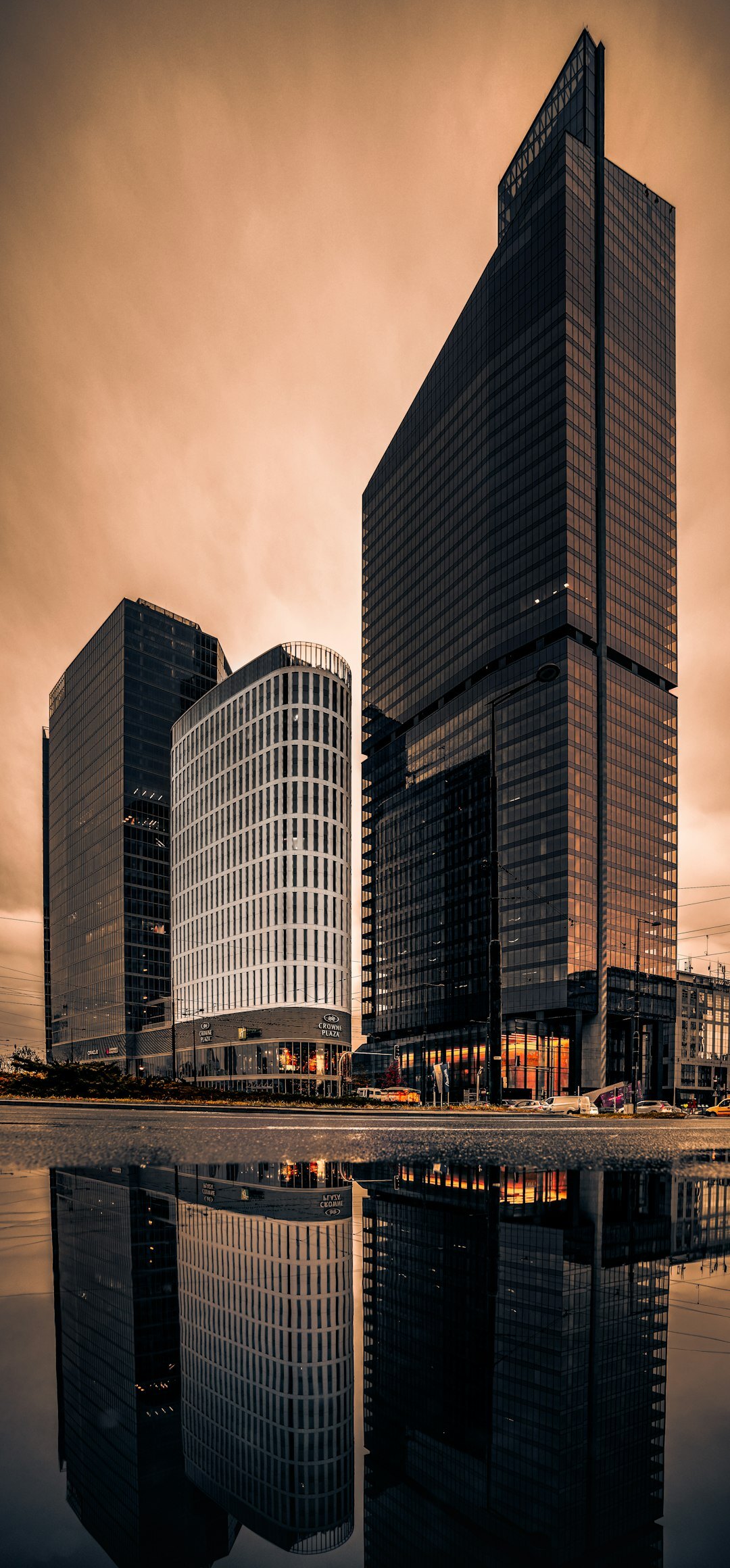 Modern European city skyline with office buildings at dusk